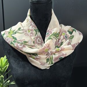 Sheer Oblong Scarf, peachy tan with lavender and green florals